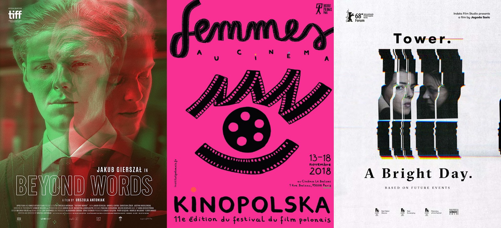 Affiche du Festival Kinopolska 2018 - Femmes au cinéma. Affiches des films Beyond Words, d’Urszula Antoniak, et Tower. A Bright Day de Jagoda Szelc